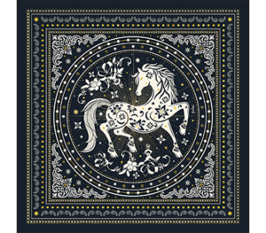 金骏星辉 - 蓝色马年丝巾  Golden Horse Starlight - Blue Silk Scarf for the Lunar New Year of the Horse