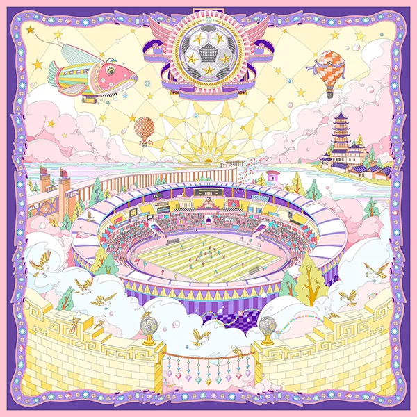 “星穹绿茵”紫色素绉缎70方巾（ Star Sky Green Grass Purple Satin Crepe 70 Square Towel）