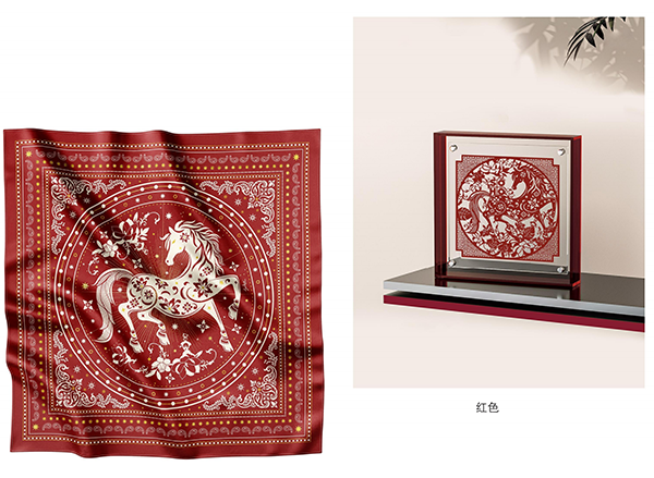 金骏星辉-红2 “金骏星辉”刻纸丝巾双非遗礼盒(赭红)“Golden Horse Starlight” Double Cultural Heritage Gift Box of Paper-cutting and Silk Scarf(dark red)